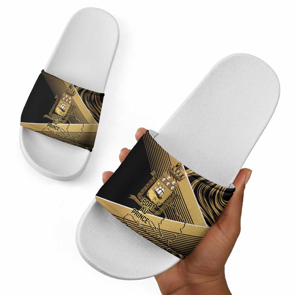 Port-au-Prince Afro-Haitians Slide Sandals Ayiti Map Pòtoprens Gold Color - Wonder Print Shop