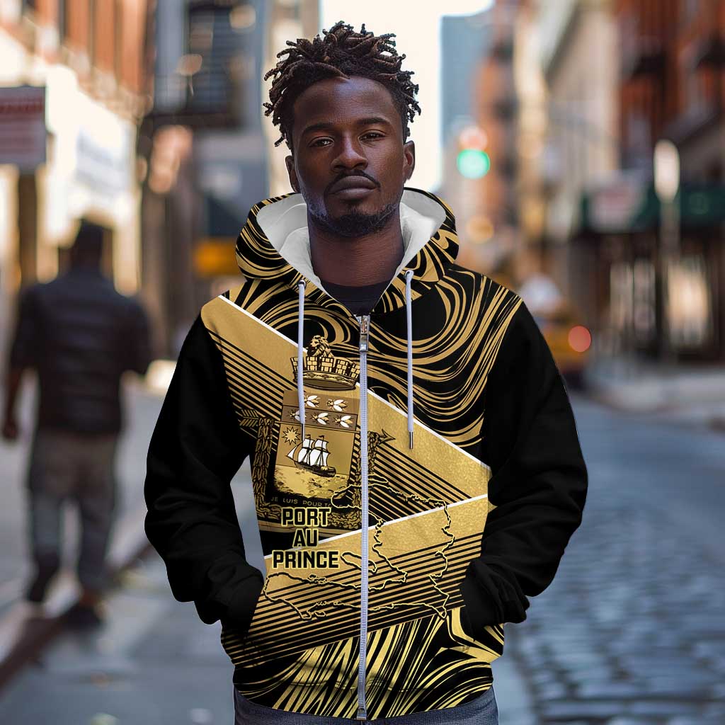 Port-au-Prince Afro-Haitians Zip Hoodie Ayiti Map Pòtoprens Gold Color - Wonder Print Shop
