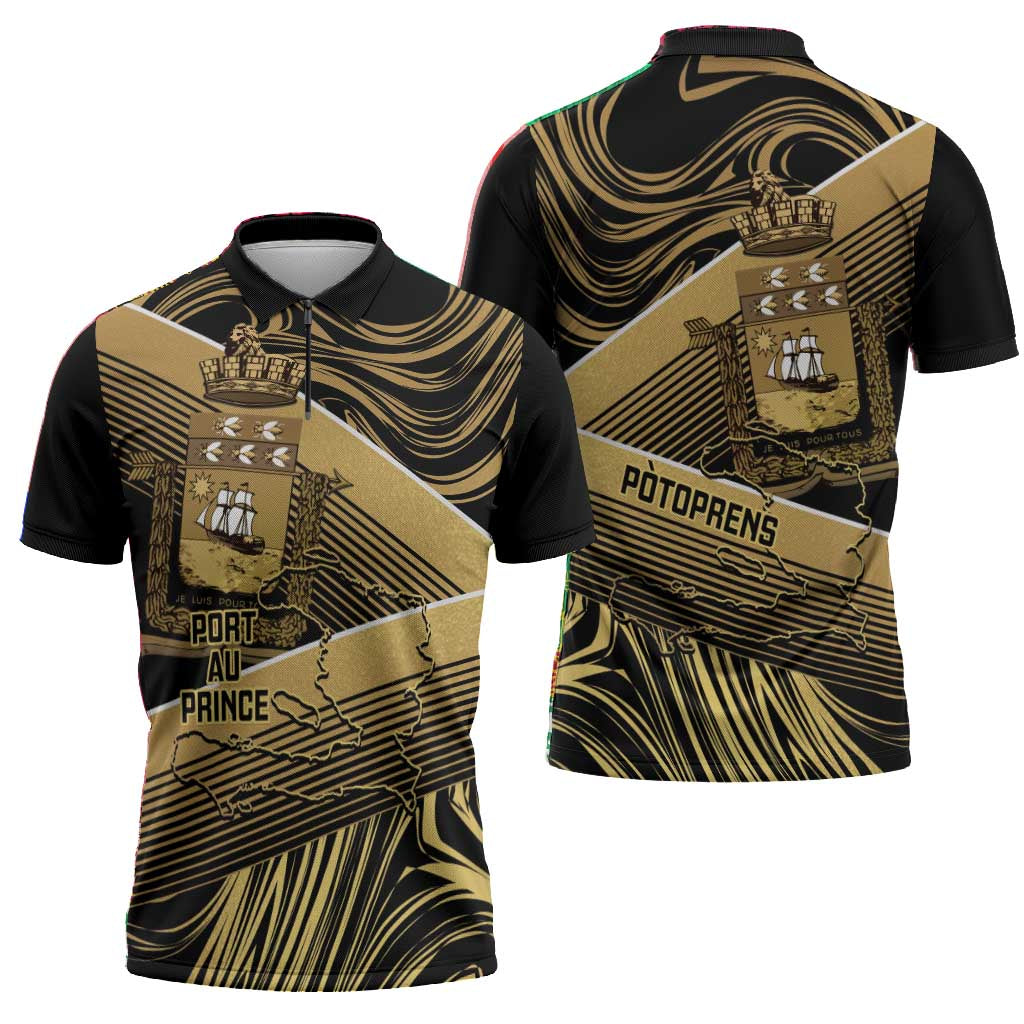 Port-au-Prince Afro-Haitians Zipper Polo Shirt Ayiti Map Pòtoprens Gold Color - Wonder Print Shop