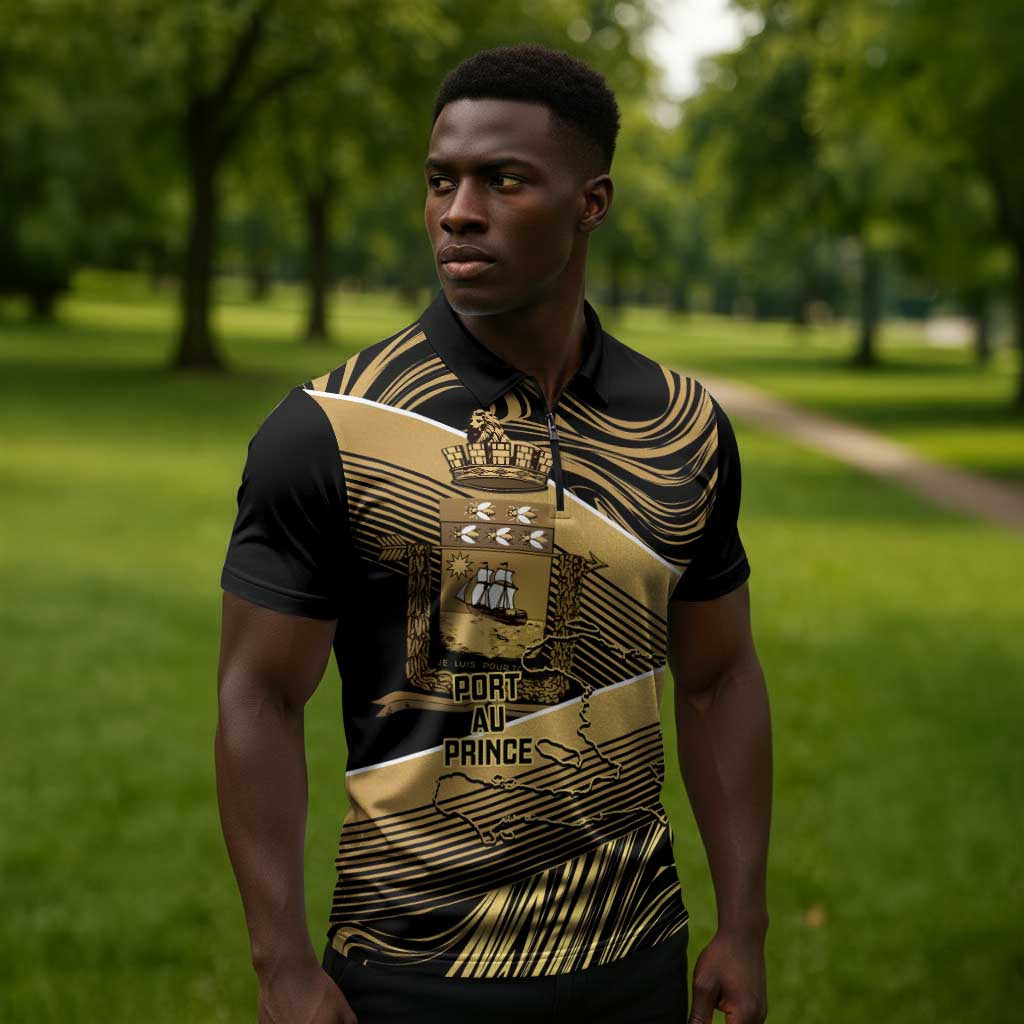 Port-au-Prince Afro-Haitians Zipper Polo Shirt Ayiti Map Pòtoprens Gold Color - Wonder Print Shop