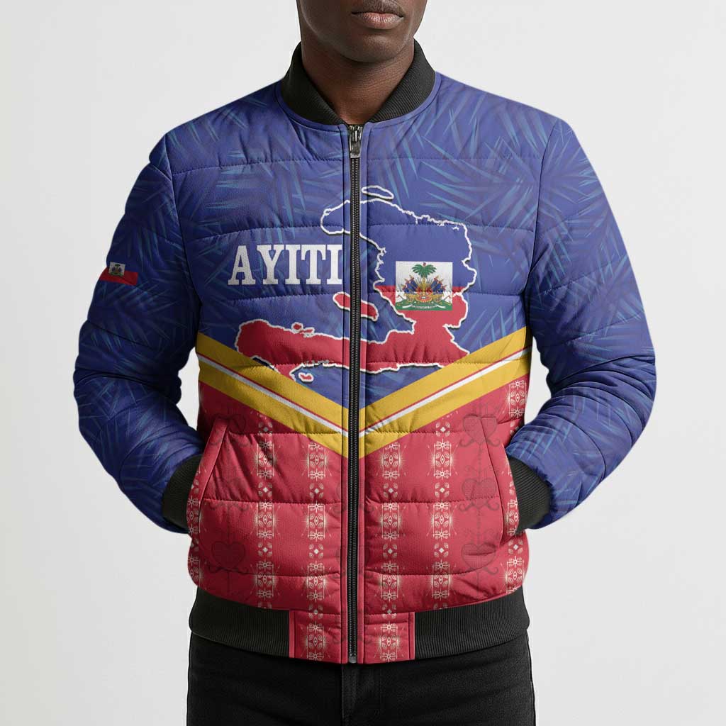 Afro-Haitians Bomber Puffer Jacket Proud Ayiti Veve Vodou Royal Palm Leaves - Wonder Print Shop