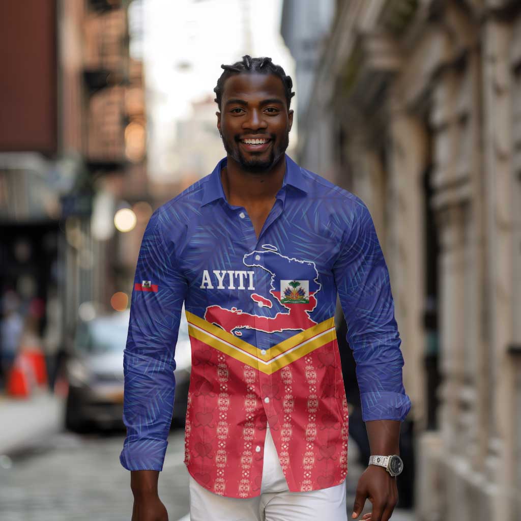 Afro-Haitians Long Sleeve Button Shirt Proud Ayiti Veve Vodou Royal Palm Leaves - Wonder Print Shop
