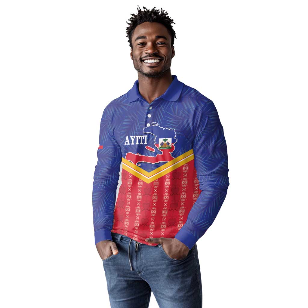 Afro-Haitians Long Sleeve Polo Shirt Proud Ayiti Veve Vodou Royal Palm Leaves - Wonder Print Shop