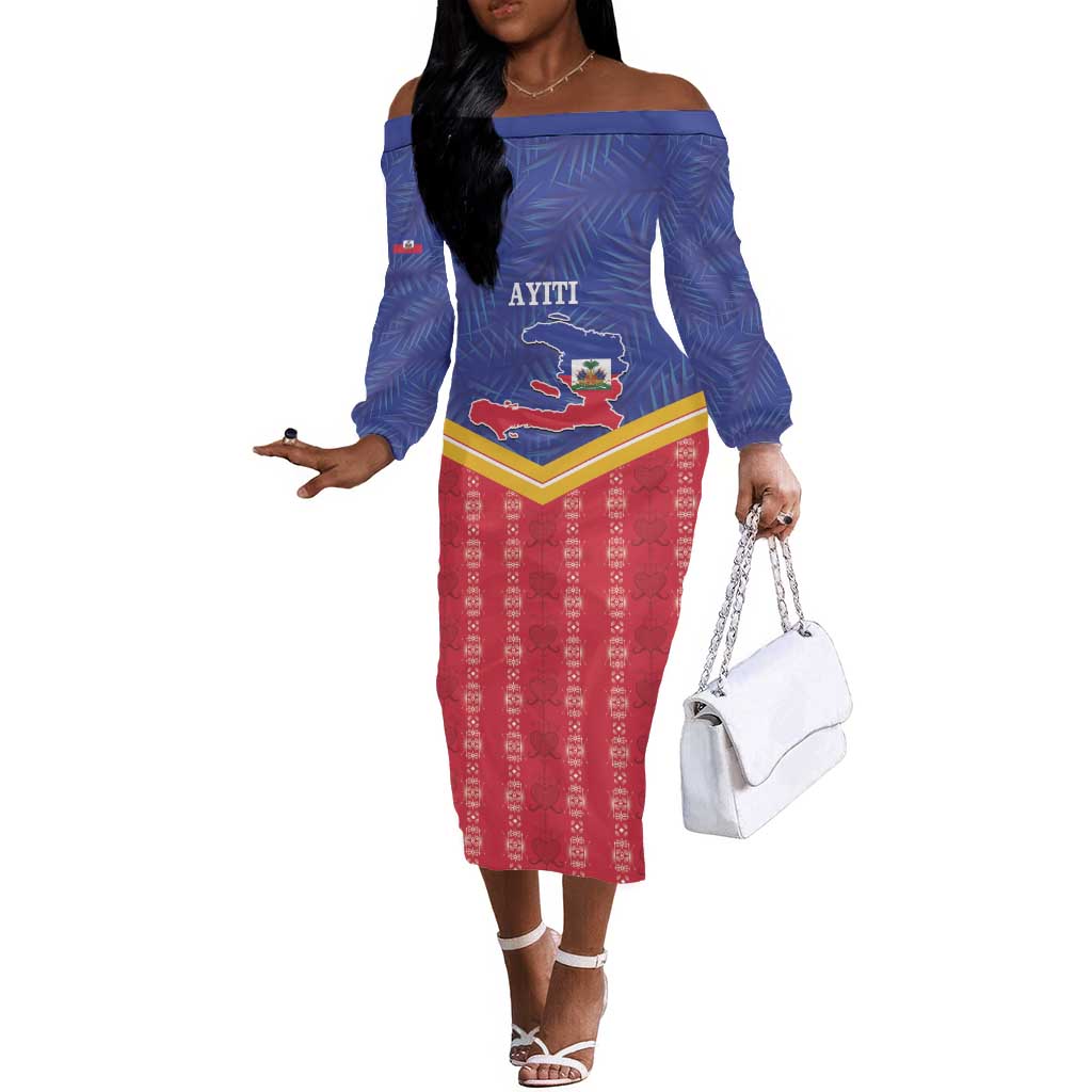 Afro-Haitians Off The Shoulder Long Sleeve Dress Proud Ayiti Veve Vodou Royal Palm Leaves - Wonder Print Shop