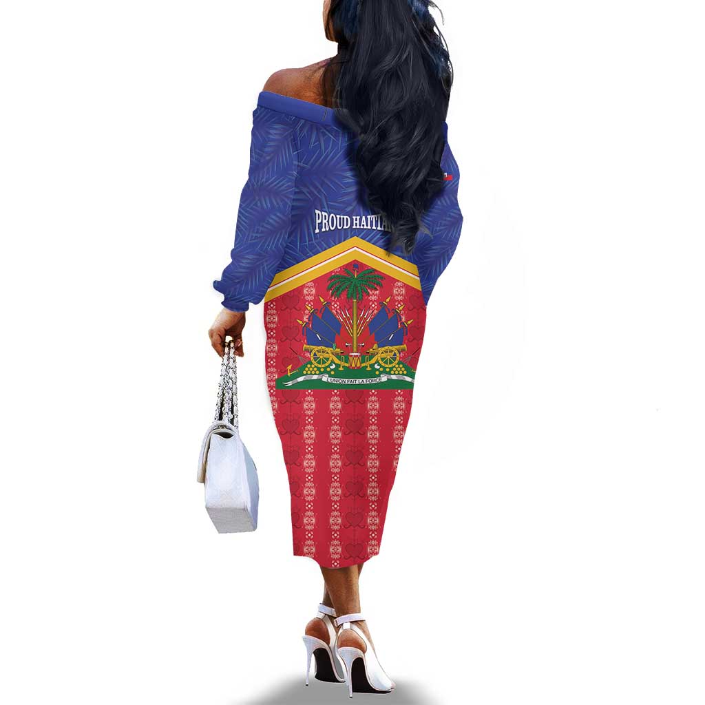 Afro-Haitians Off The Shoulder Long Sleeve Dress Proud Ayiti Veve Vodou Royal Palm Leaves - Wonder Print Shop