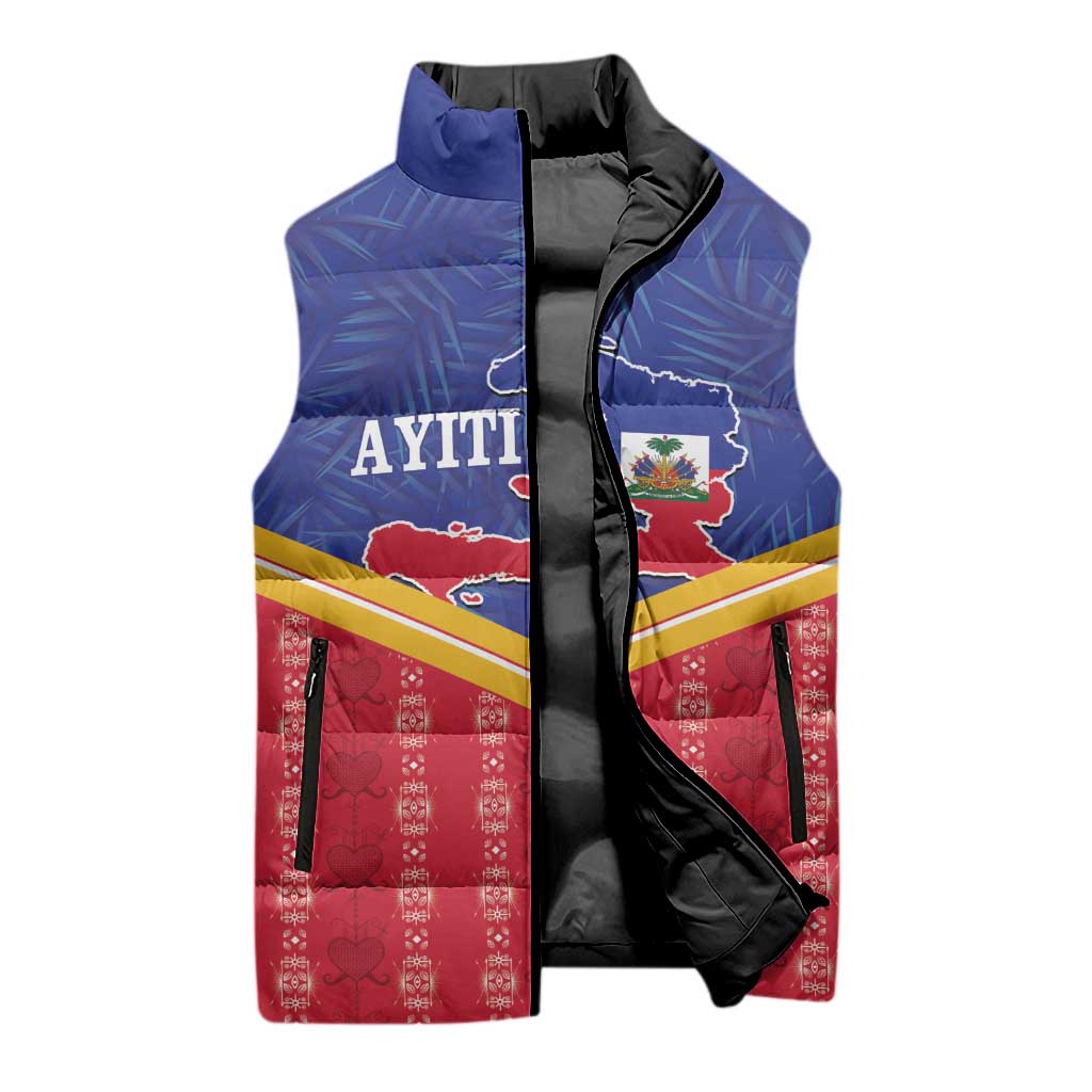 Afro-Haitians Sleeveless Puffer Jacket Proud Ayiti Veve Vodou Royal Palm Leaves - Wonder Print Shop