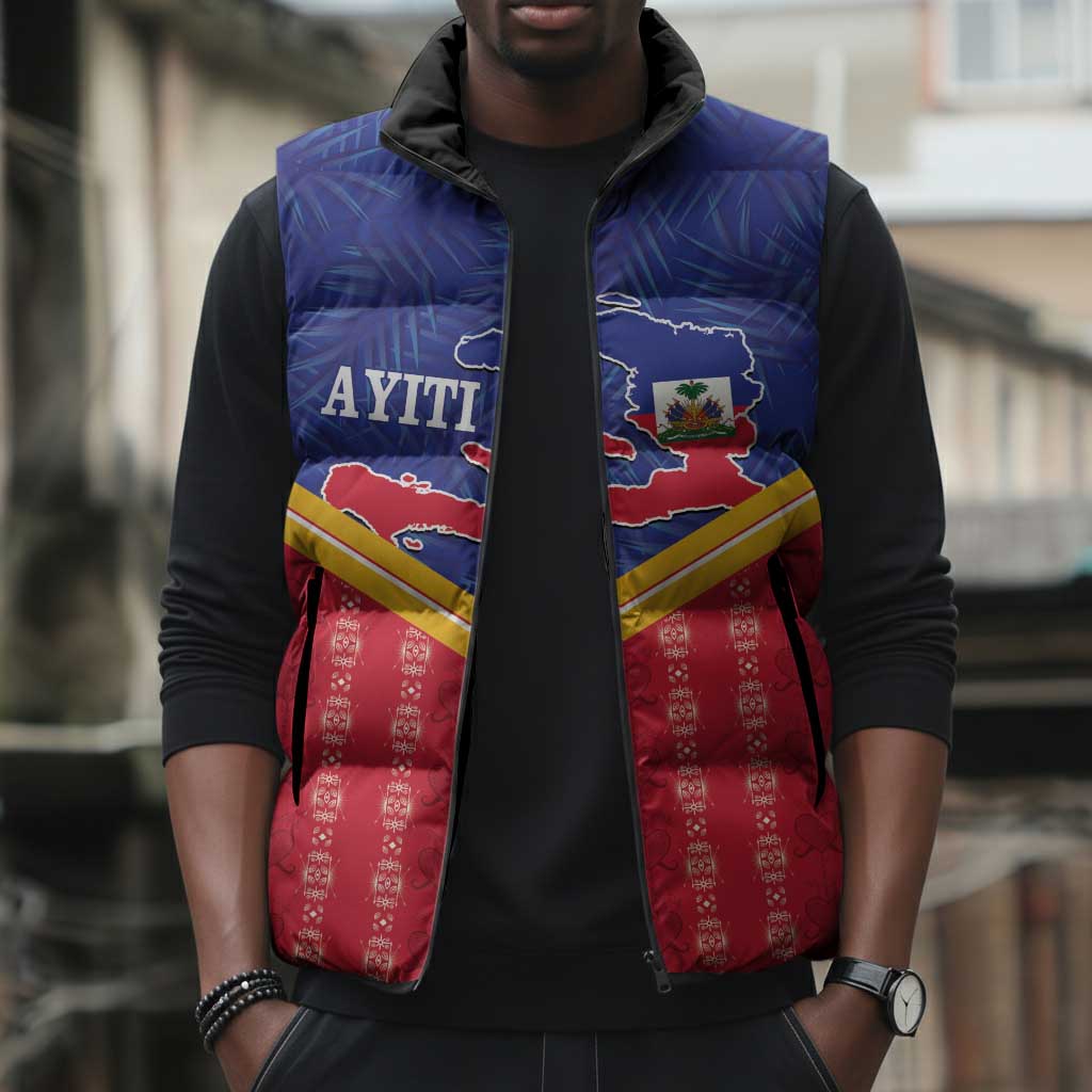 Afro-Haitians Sleeveless Puffer Jacket Proud Ayiti Veve Vodou Royal Palm Leaves - Wonder Print Shop