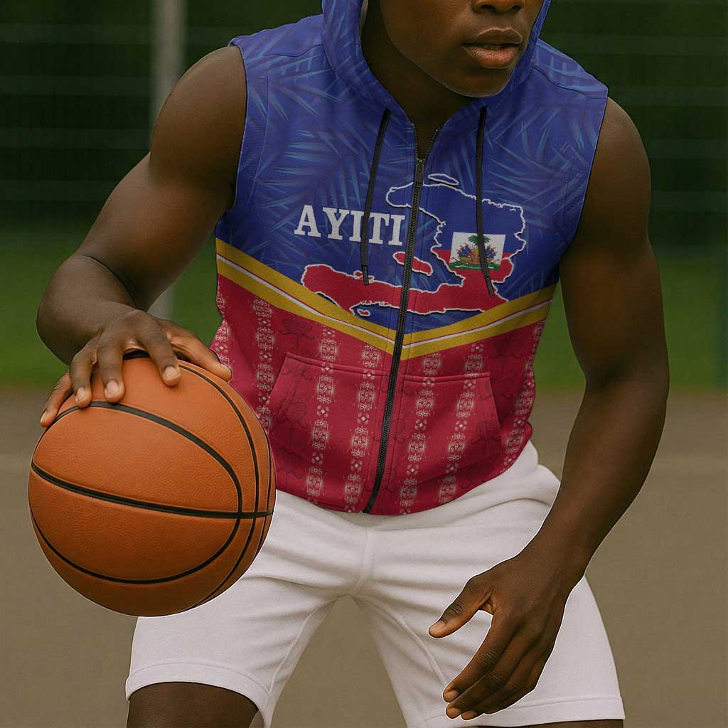 Afro-Haitians Sleeveless Zip Hoodie Proud Ayiti Veve Vodou Royal Palm Leaves - Wonder Print Shop