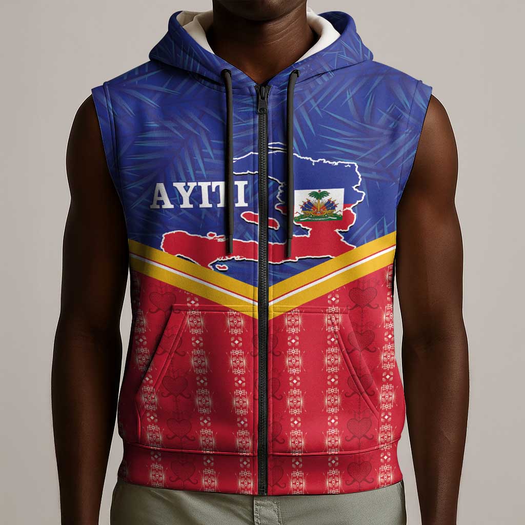 Afro-Haitians Sleeveless Zip Hoodie Proud Ayiti Veve Vodou Royal Palm Leaves - Wonder Print Shop