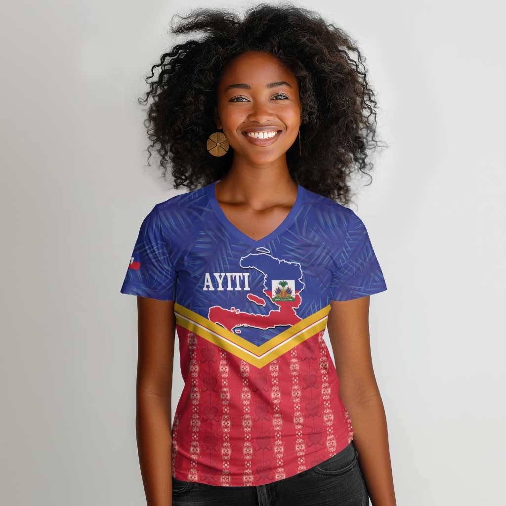 Afro-Haitians Women V-Neck T-Shirt Proud Ayiti Veve Vodou Royal Palm Leaves LT14