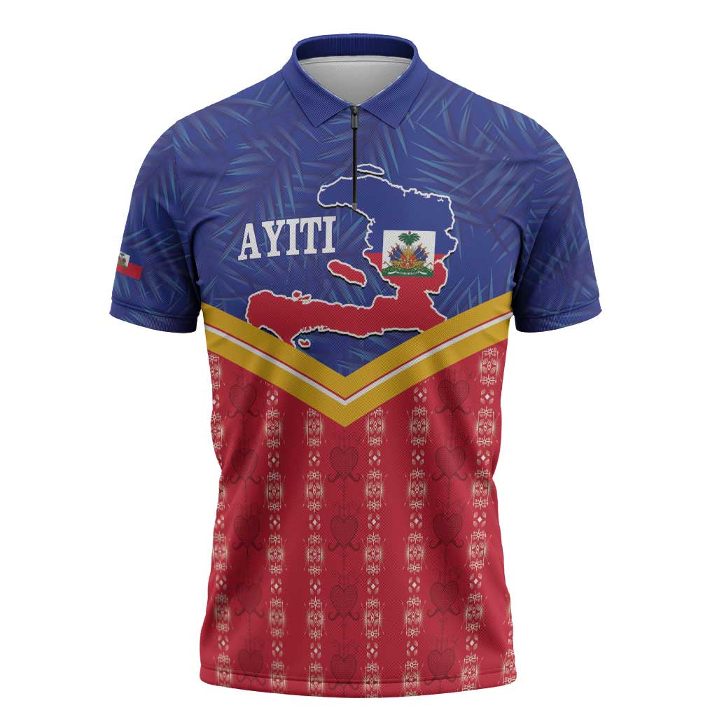 Afro-Haitians Zipper Polo Shirt Proud Ayiti Veve Vodou Royal Palm Leaves - Wonder Print Shop