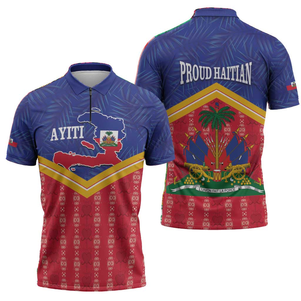 Afro-Haitians Zipper Polo Shirt Proud Ayiti Veve Vodou Royal Palm Leaves - Wonder Print Shop