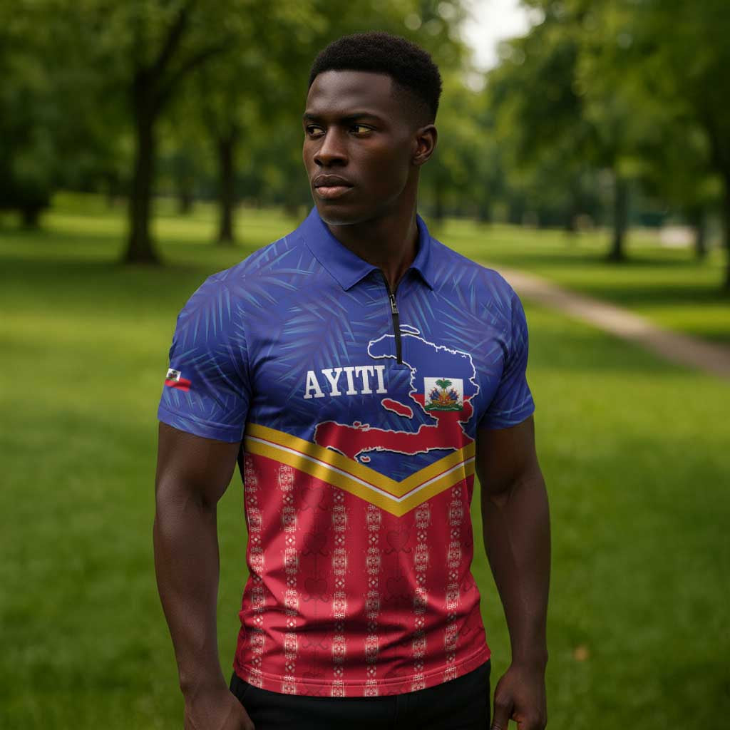Afro-Haitians Zipper Polo Shirt Proud Ayiti Veve Vodou Royal Palm Leaves - Wonder Print Shop