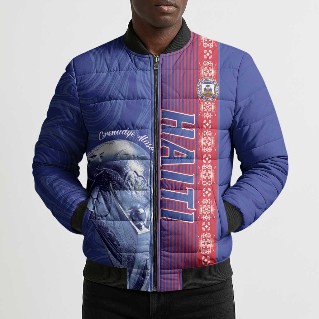 Custom Afro-Haiti Football Bomber Puffer Jacket 2026 Grenadye Alaso Blue Version - Wonder Print Shop