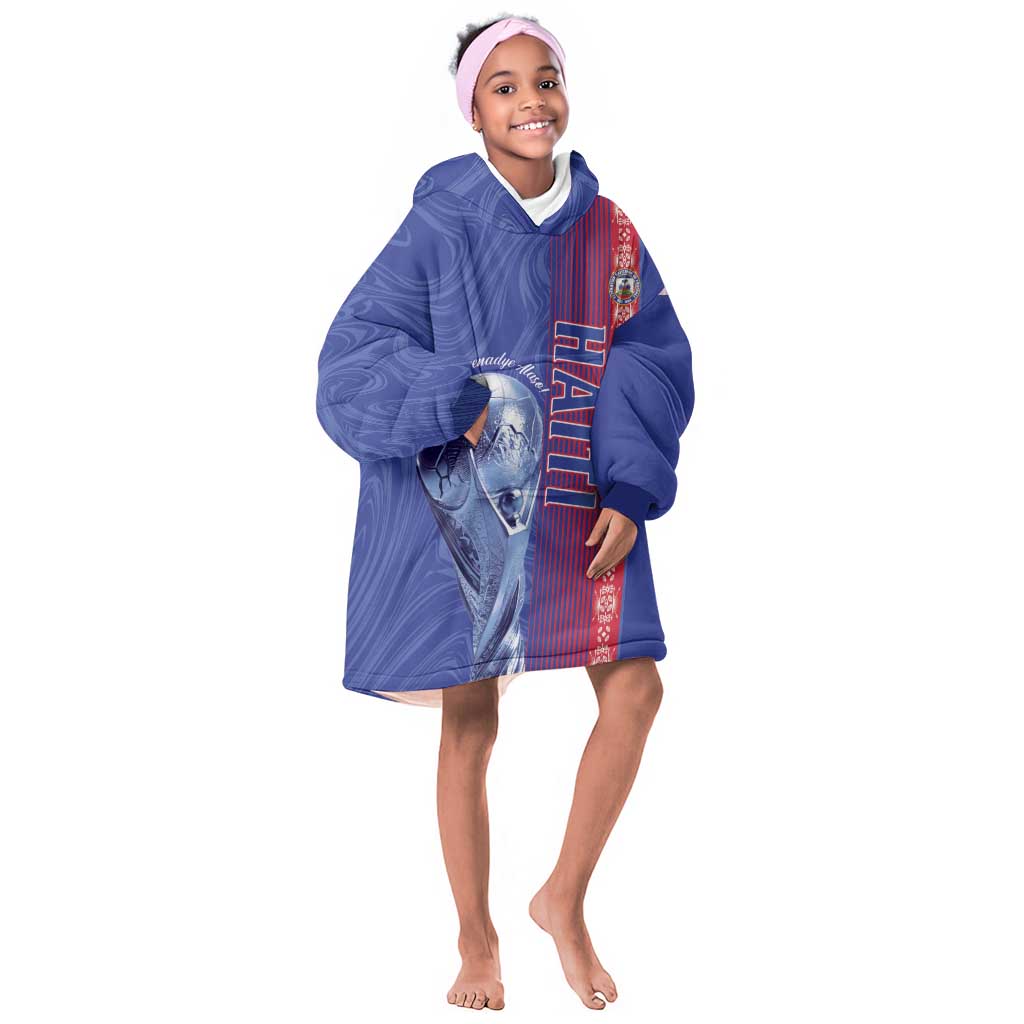 Custom Afro-Haiti Football Kid Wearable Blanket Hoodie 2026 Grenadye Alaso Blue Version - Wonder Print Shop