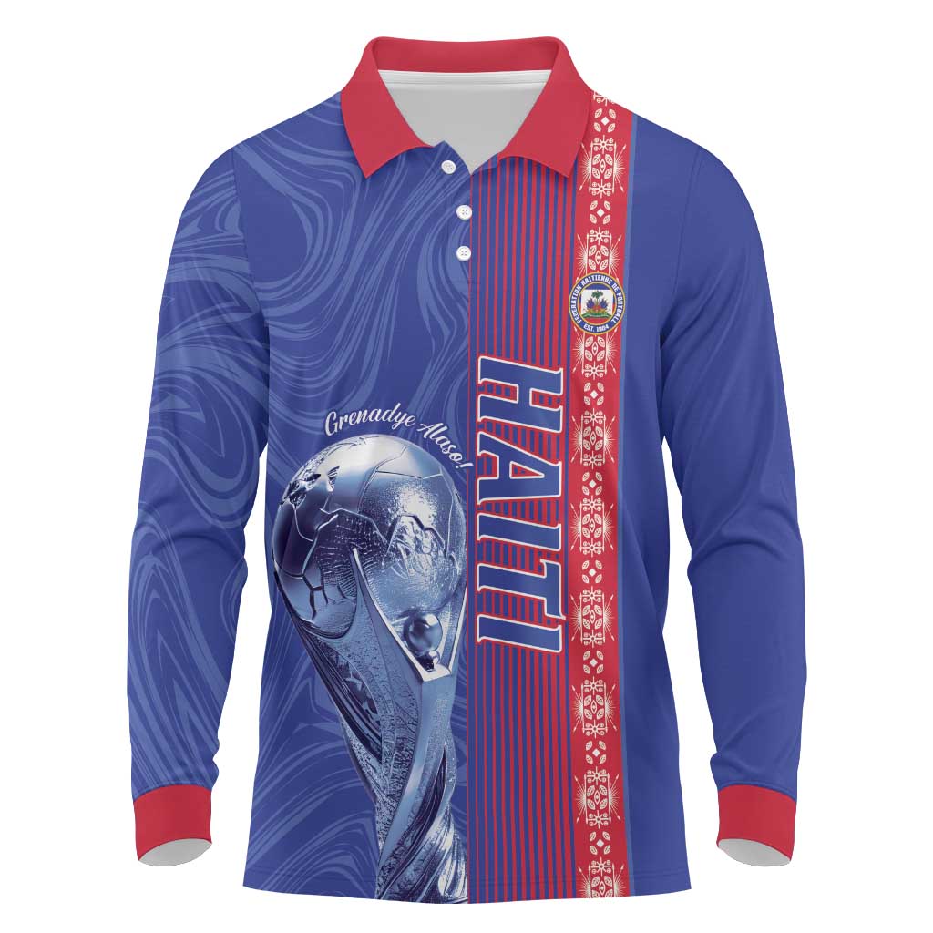 Custom Afro-Haiti Football Long Sleeve Polo Shirt 2026 Grenadye Alaso Blue Version - Wonder Print Shop