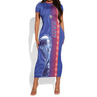 Custom Afro-Haiti Football Short Sleeve Bodycon Dress 2026 Grenadye Alaso Blue Version LT14