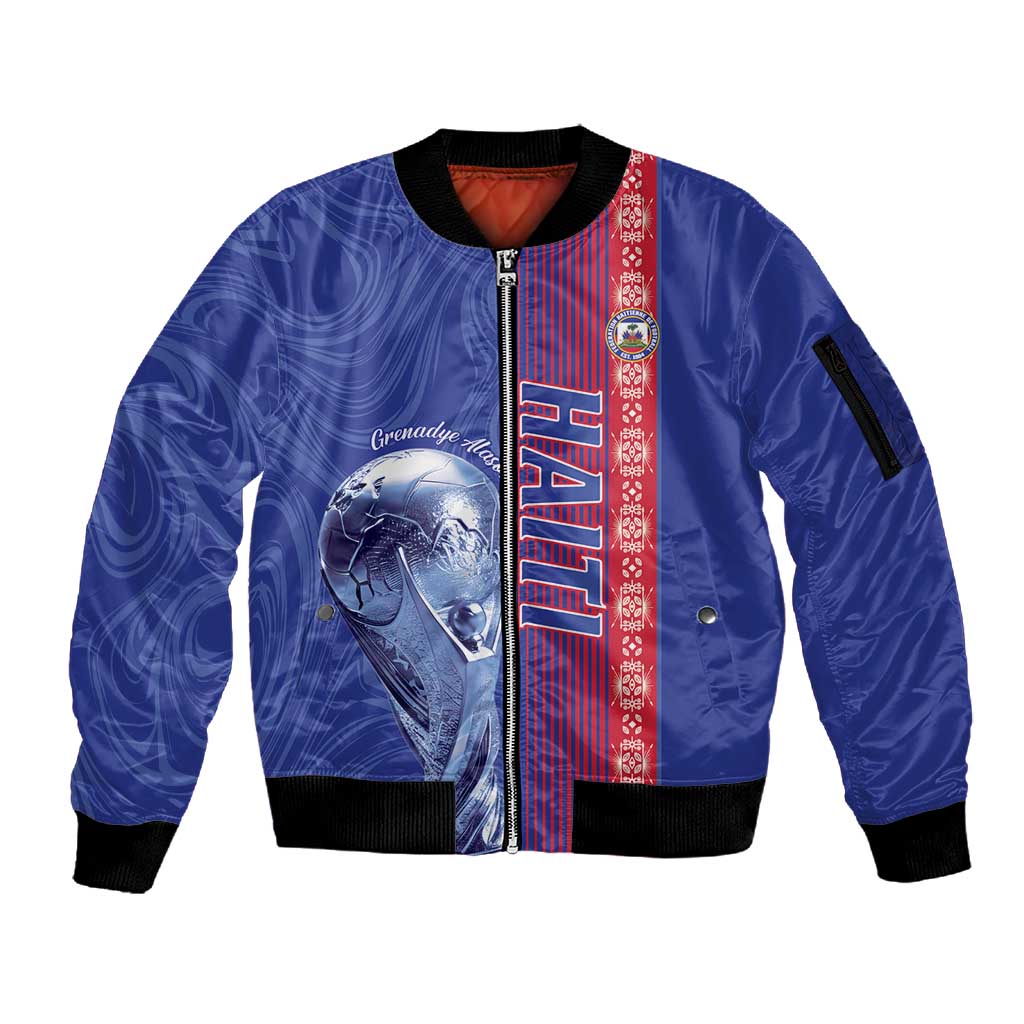 Custom Afro-Haiti Football Sleeve Zip Bomber Jacket 2026 Grenadye Alaso Blue Version - Wonder Print Shop