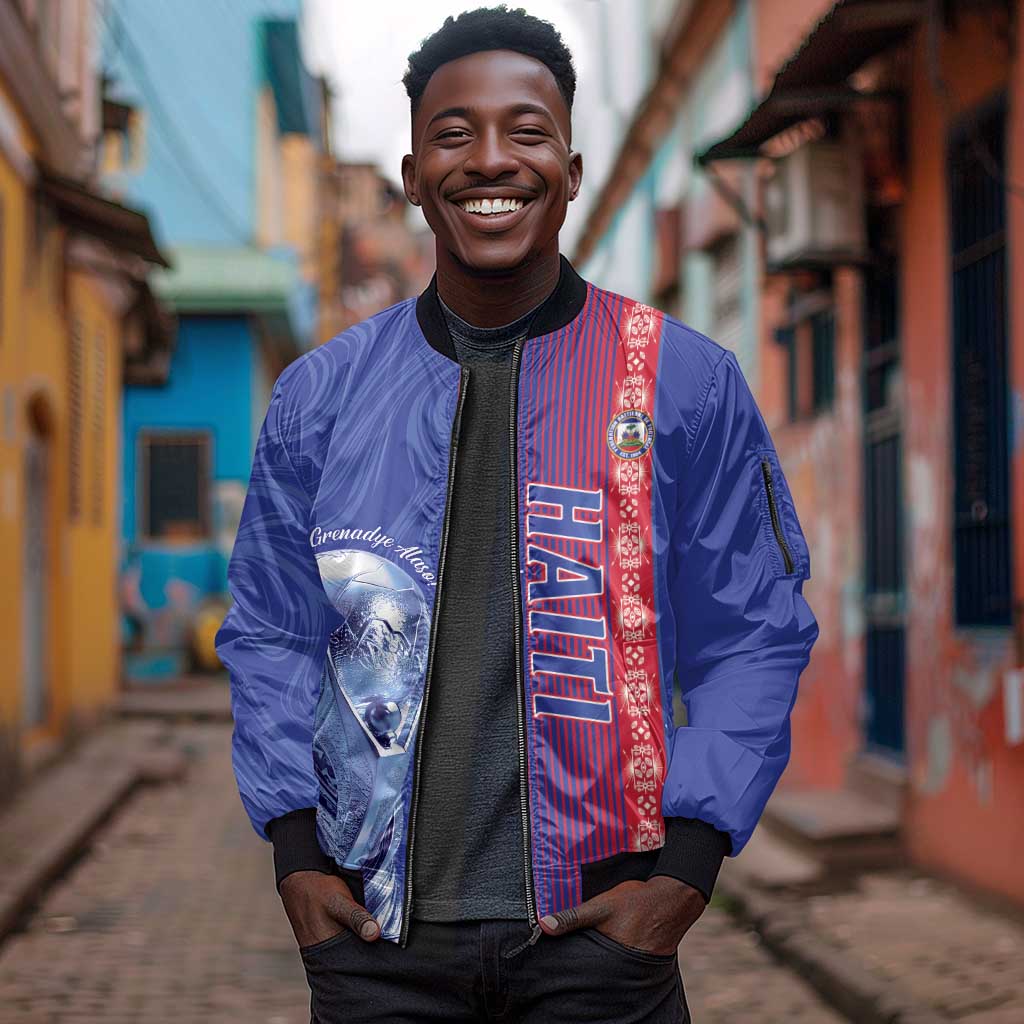Custom Afro-Haiti Football Sleeve Zip Bomber Jacket 2026 Grenadye Alaso Blue Version - Wonder Print Shop