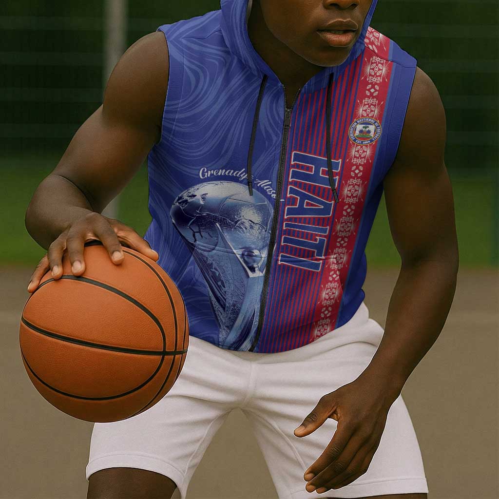Custom Afro-Haiti Football Sleeveless Zip Hoodie 2026 Grenadye Alaso Blue Version - Wonder Print Shop