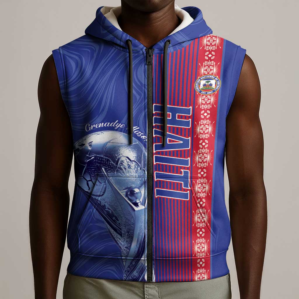 Custom Afro-Haiti Football Sleeveless Zip Hoodie 2026 Grenadye Alaso Blue Version - Wonder Print Shop
