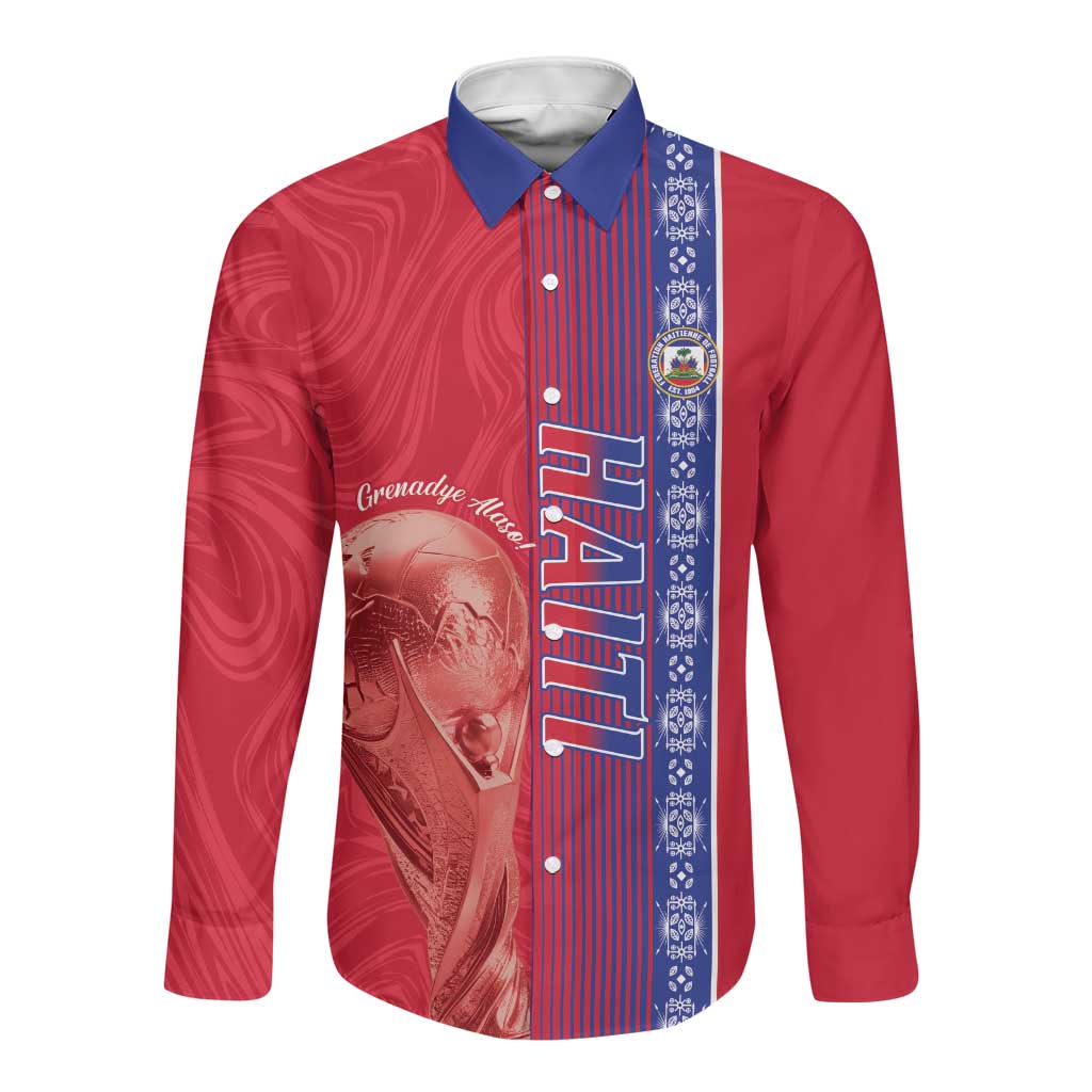 Custom Afro-Haiti Football Long Sleeve Button Shirt 2026 Grenadye Alaso Red Version - Wonder Print Shop