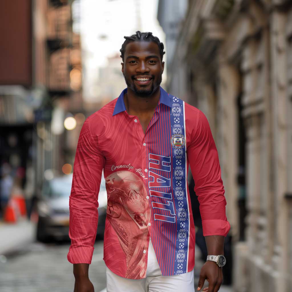 Custom Afro-Haiti Football Long Sleeve Button Shirt 2026 Grenadye Alaso Red Version - Wonder Print Shop