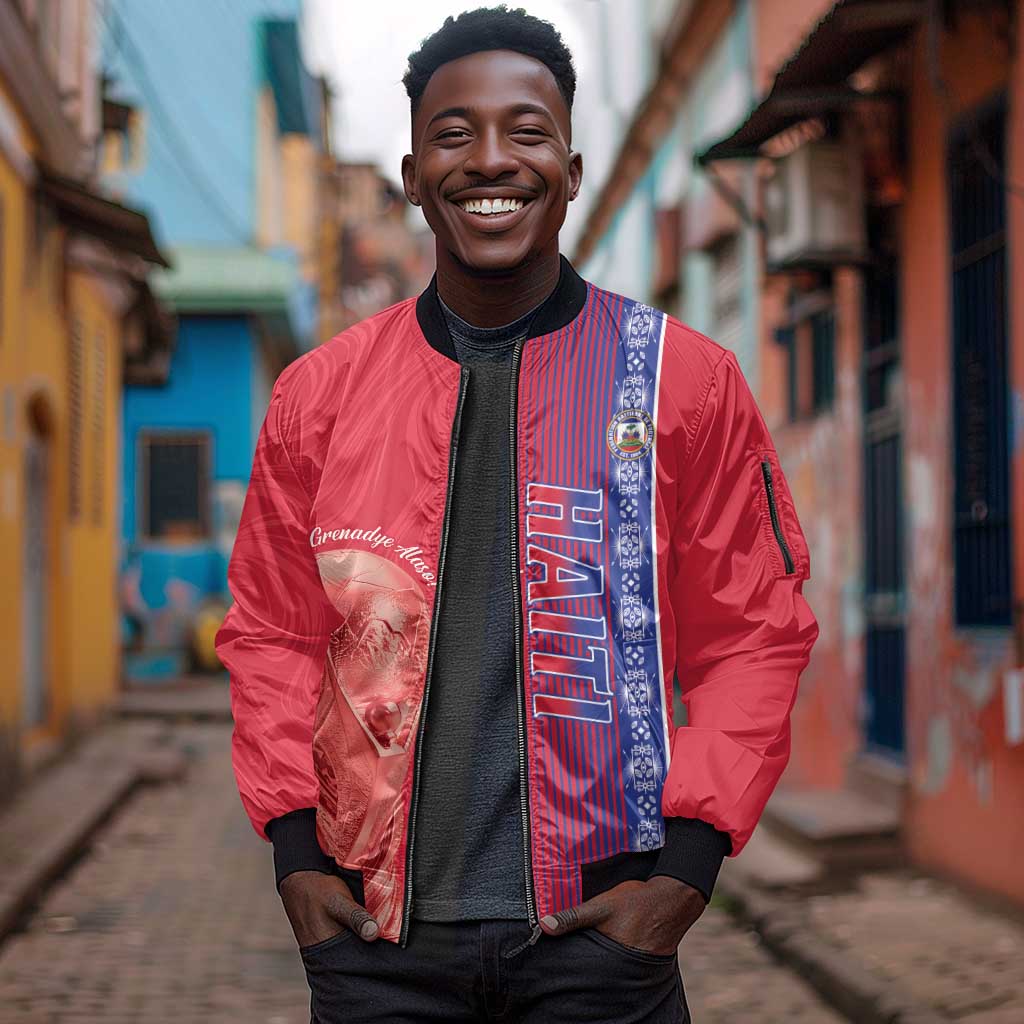 Custom Afro-Haiti Football Sleeve Zip Bomber Jacket 2026 Grenadye Alaso Red Version - Wonder Print Shop