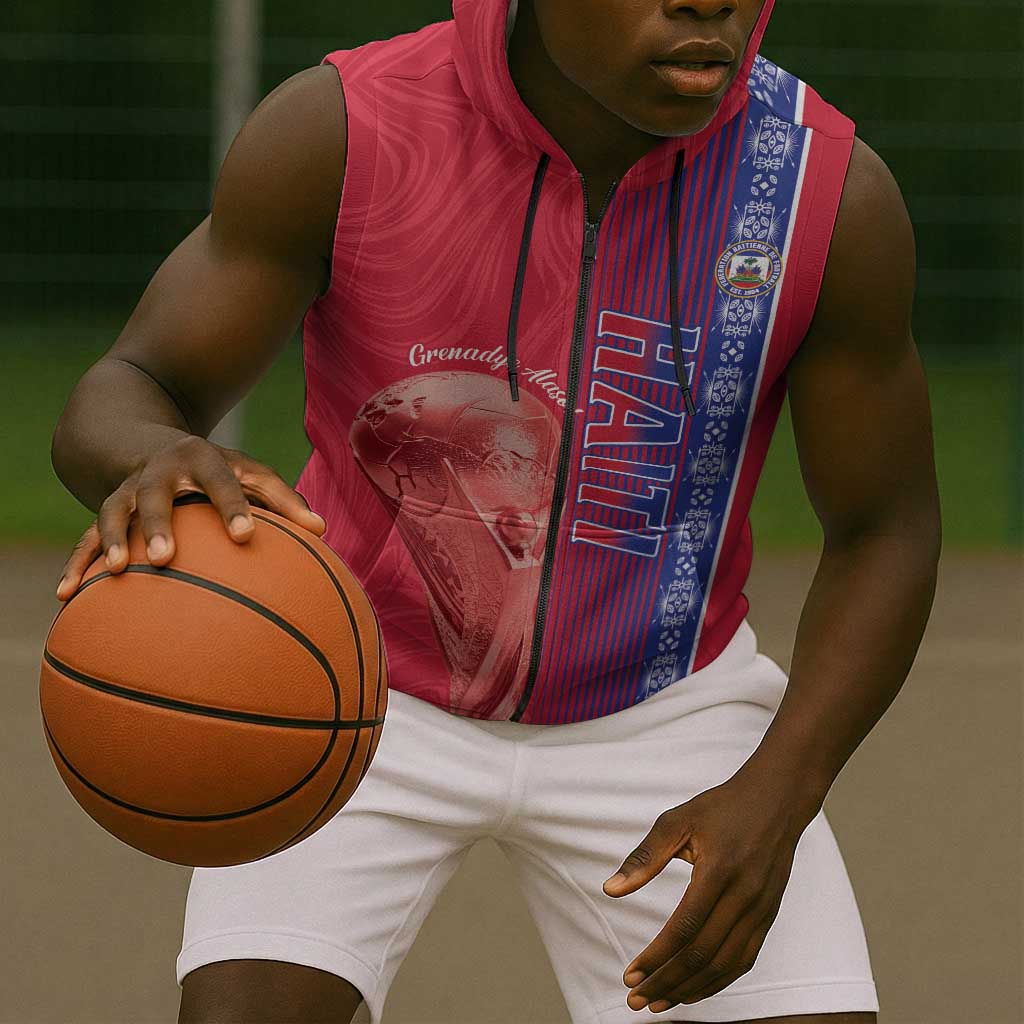 Custom Afro-Haiti Football Sleeveless Zip Hoodie 2026 Grenadye Alaso Red Version - Wonder Print Shop