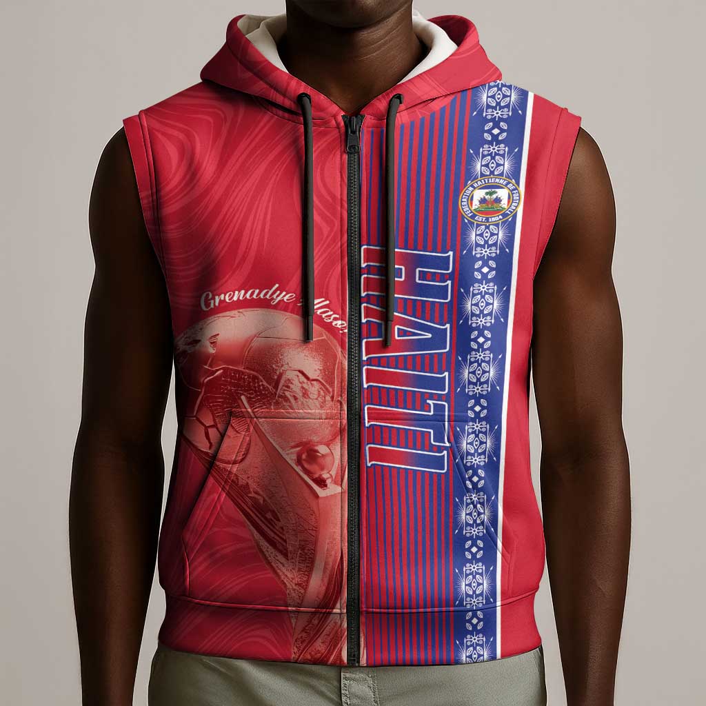 Custom Afro-Haiti Football Sleeveless Zip Hoodie 2026 Grenadye Alaso Red Version - Wonder Print Shop