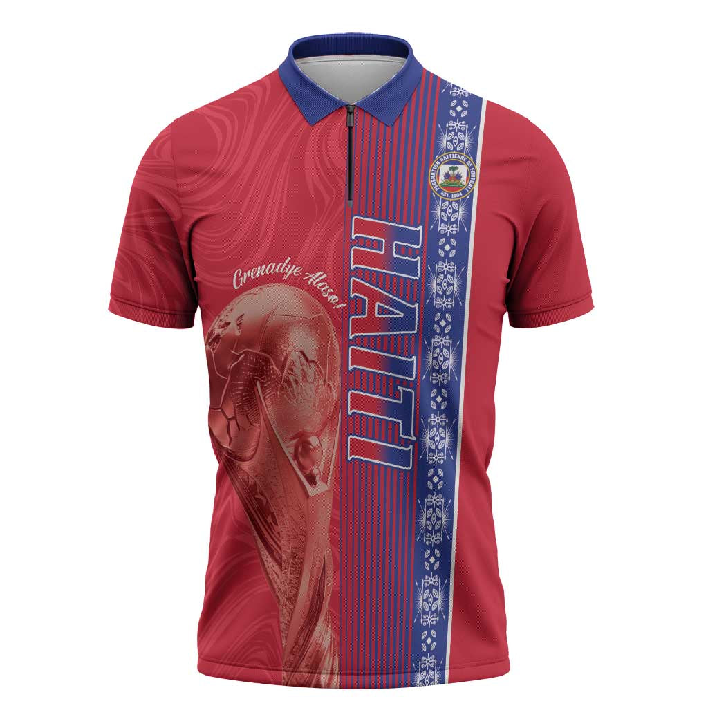 Custom Afro-Haiti Football Zipper Polo Shirt 2026 Grenadye Alaso Red Version - Wonder Print Shop