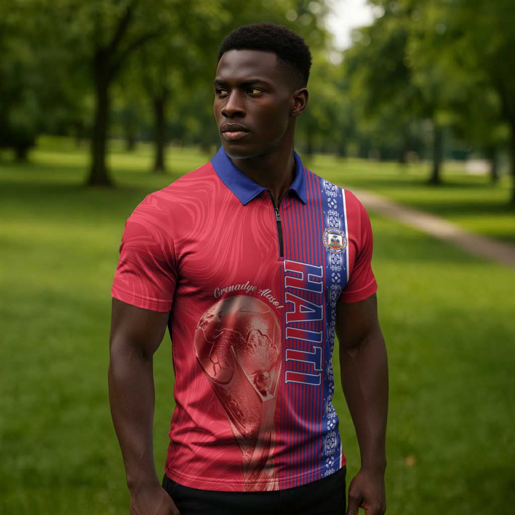 Custom Afro-Haiti Football Zipper Polo Shirt 2026 Grenadye Alaso Red Version - Wonder Print Shop