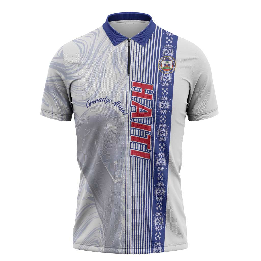 Custom Afro-Haiti Football Zipper Polo Shirt 2026 Grenadye Alaso White Version - Wonder Print Shop