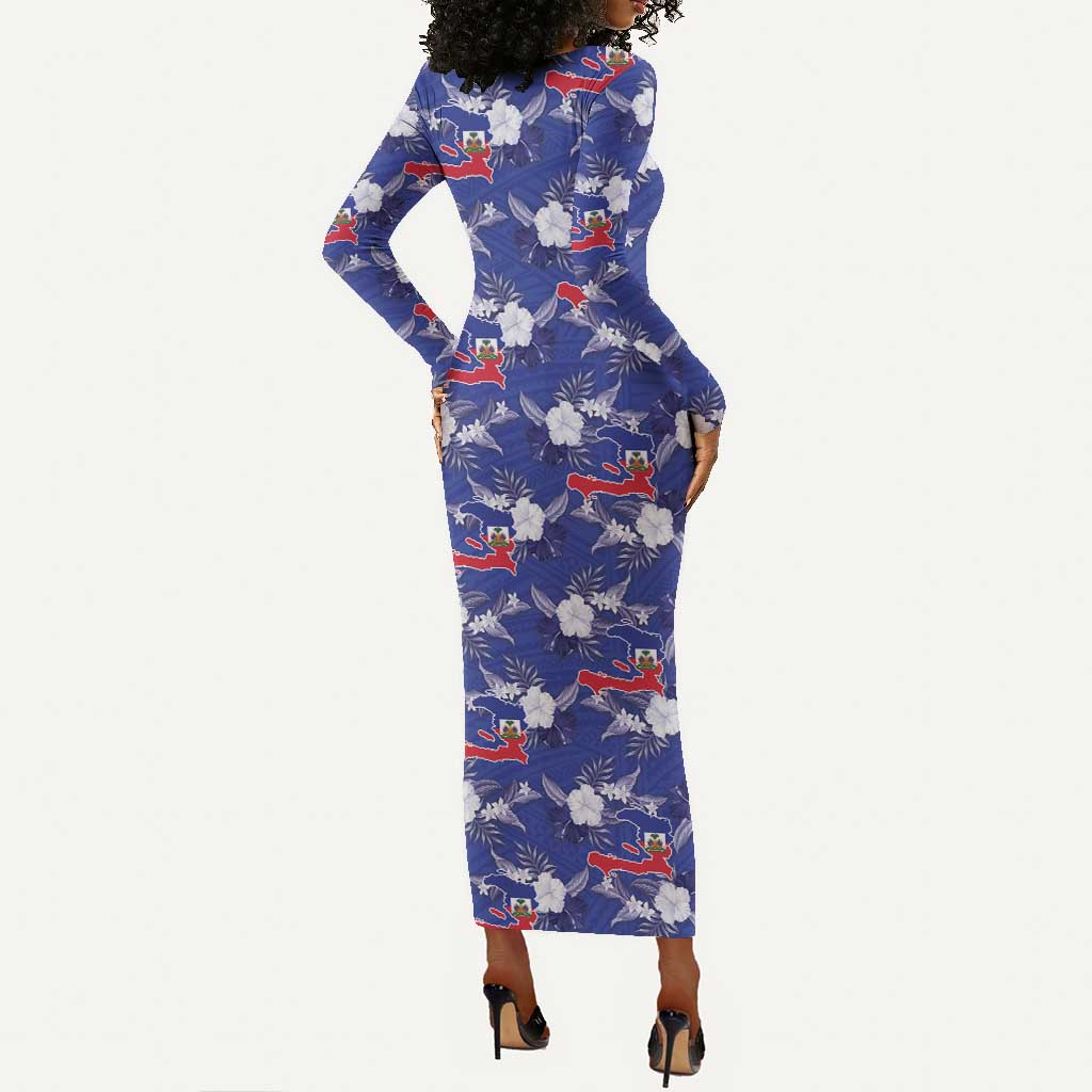 Afro-Haitians Long Sleeve Bodycon Dress Ayiti Map and Rose Kayenn Tropical Style - Wonder Print Shop