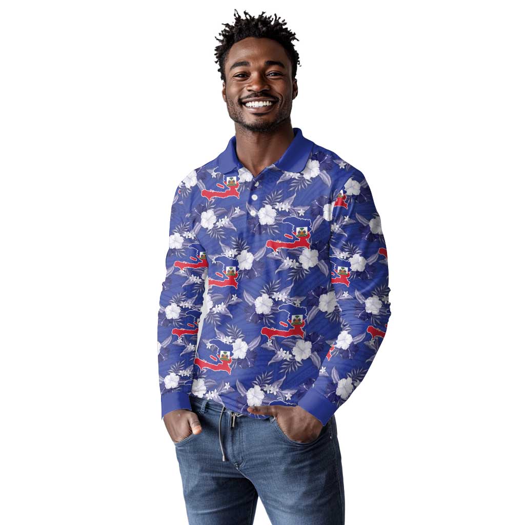 Afro-Haitians Long Sleeve Polo Shirt Ayiti Map and Rose Kayenn Tropical Style - Wonder Print Shop