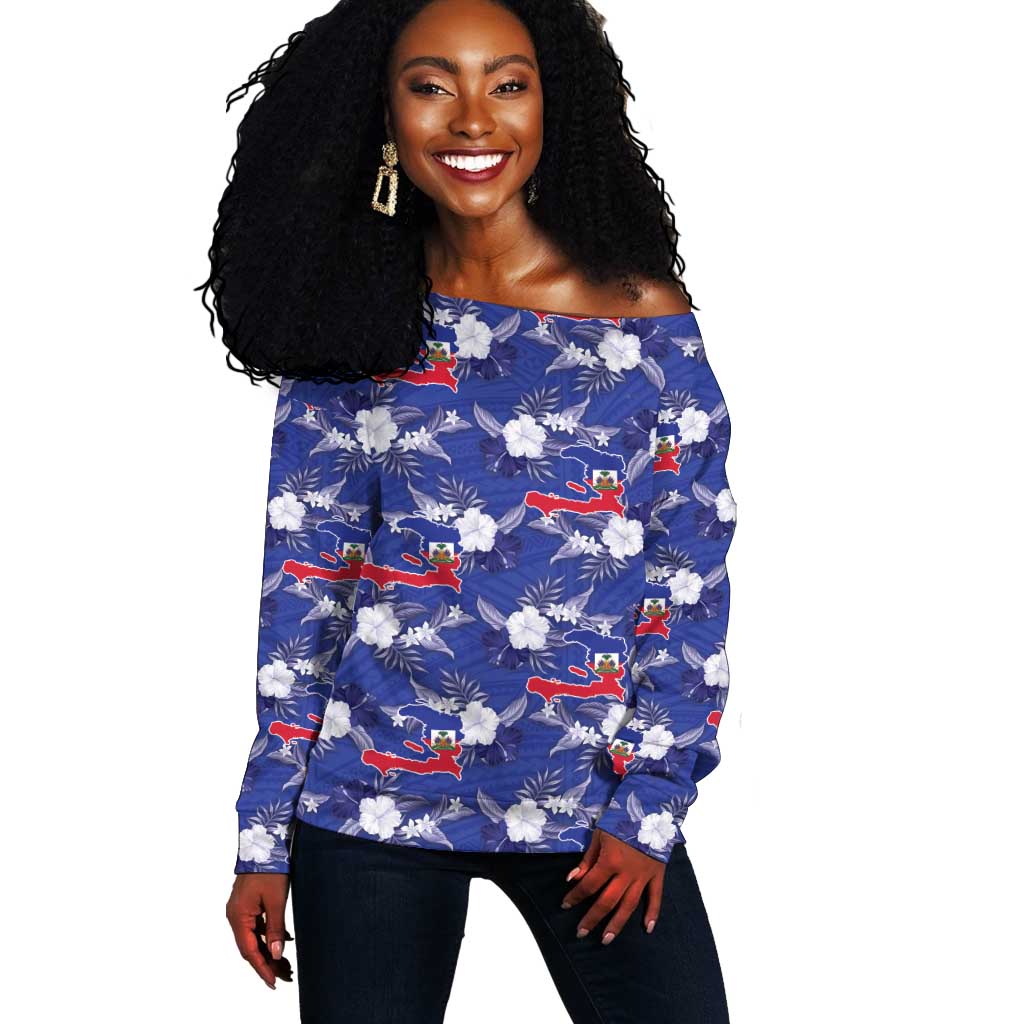 Afro-Haitians Off Shoulder Sweater Ayiti Map and Rose Kayenn Tropical Style - Wonder Print Shop