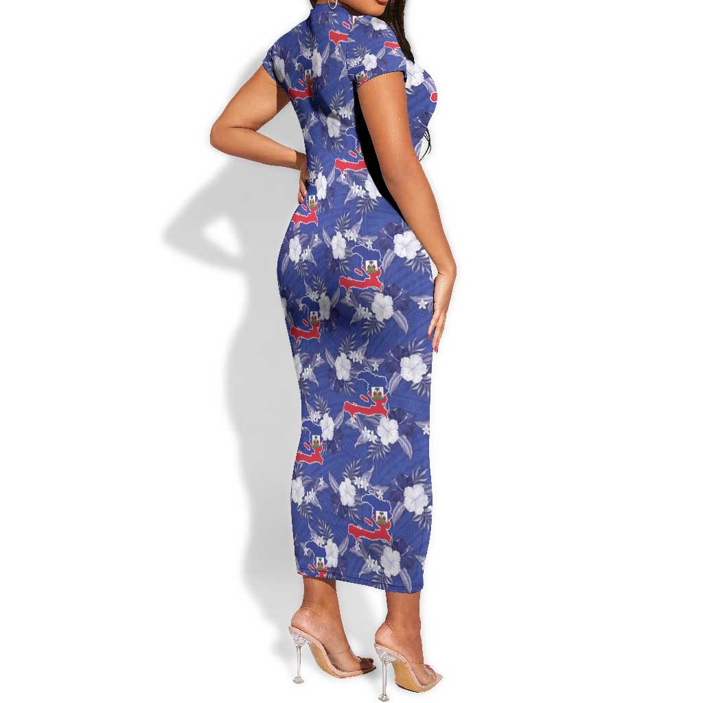 Afro-Haitians Short Sleeve Bodycon Dress Ayiti Map and Rose Kayenn Tropical Style LT14