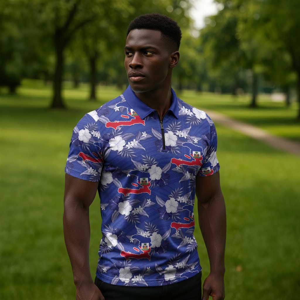 Afro-Haitians Zipper Polo Shirt Ayiti Map and Rose Kayenn Tropical Style - Wonder Print Shop