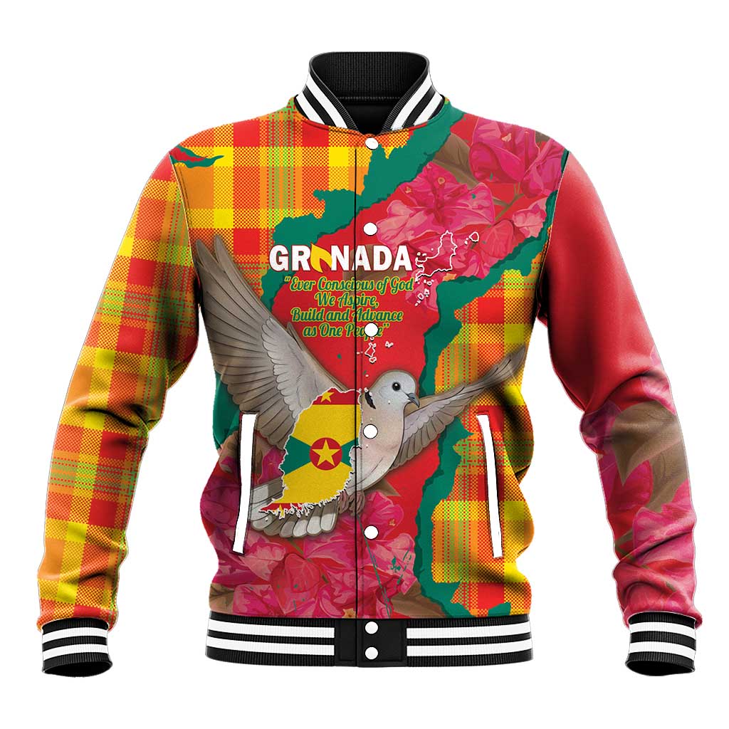 Grenada Independence Day Personalized Baseball Jacket Tropical Dove Bougainvillea Madras Pattern