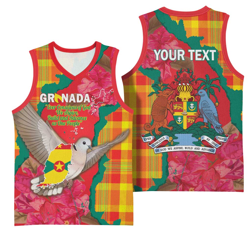 Grenada Independence Day Personalized Basketball Jersey Tropical Dove Bougainvillea Madras Pattern