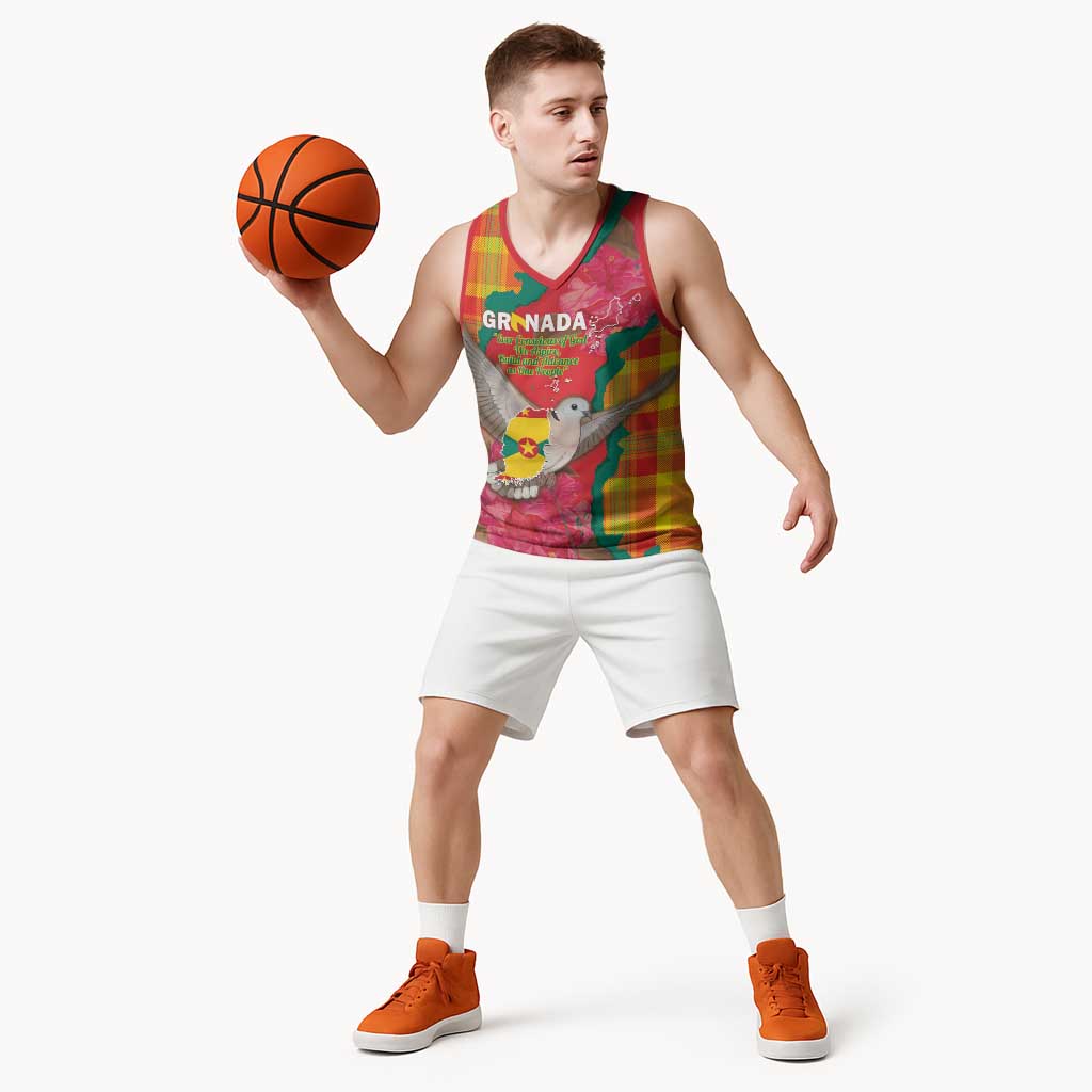 Grenada Independence Day Personalized Basketball Jersey Tropical Dove Bougainvillea Madras Pattern