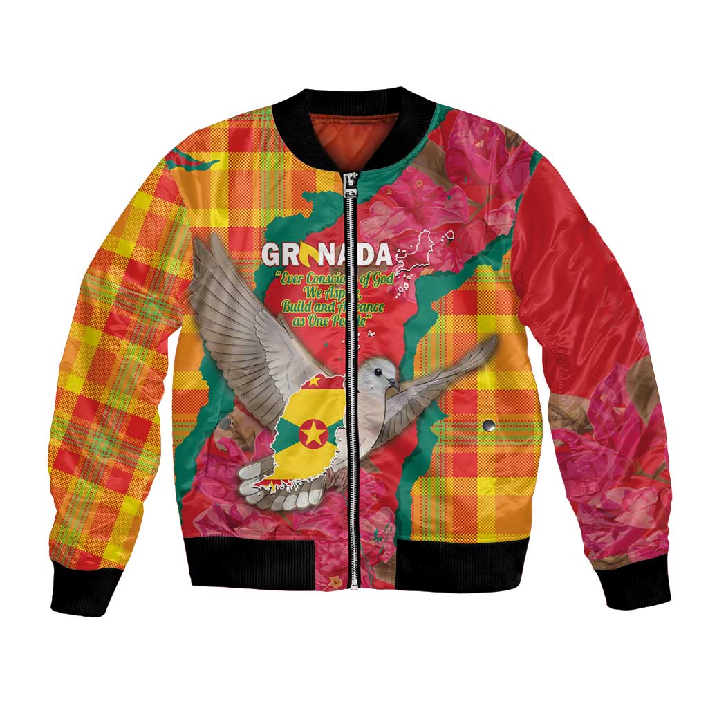 Grenada Independence Day Personalized Bomber Jacket Tropical Dove Bougainvillea Madras Pattern