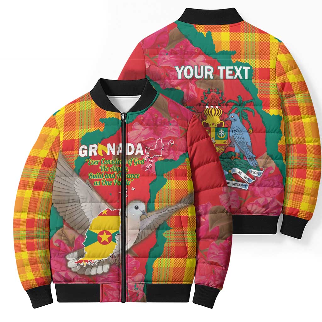 Grenada Independence Day Personalized Bomber Puffer Jacket Tropical Dove Bougainvillea Madras Pattern