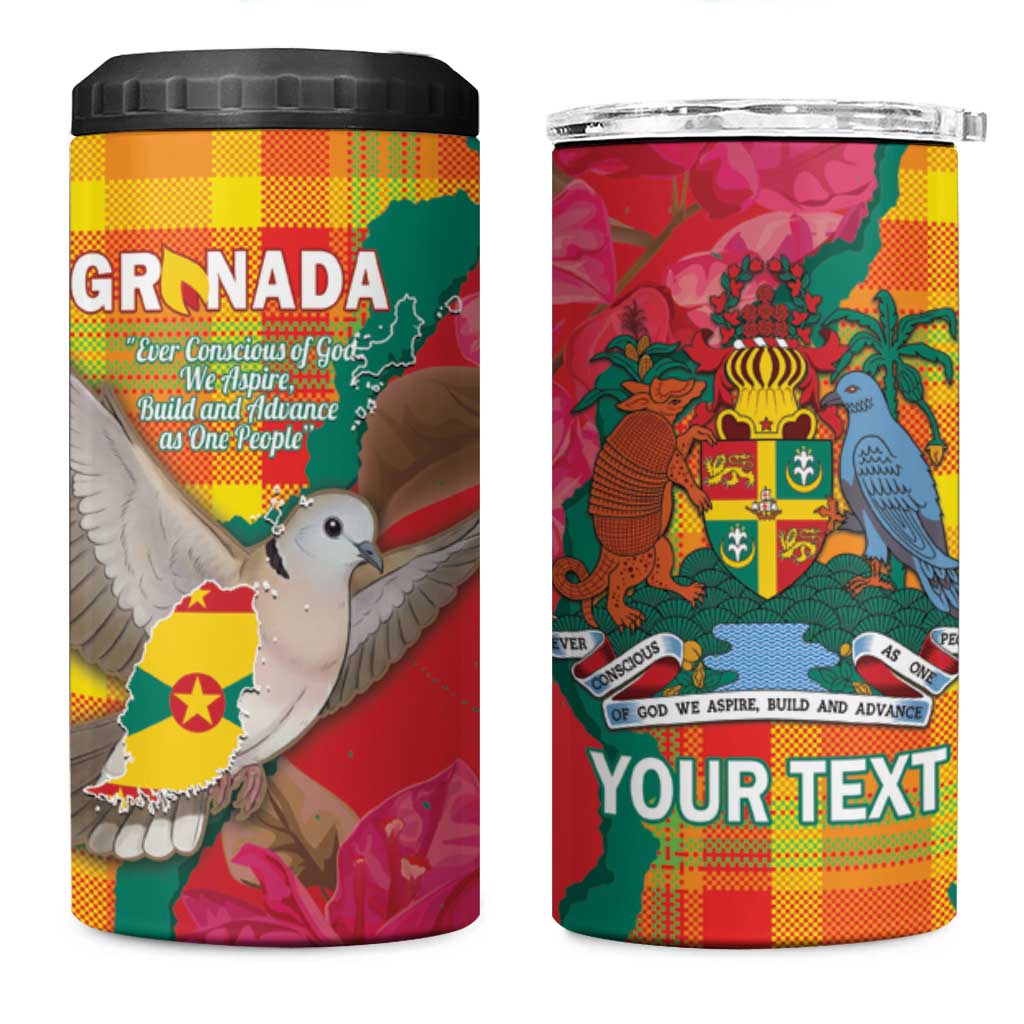 Grenada Independence Day Personalized 4 in 1 Can Cooler Tumbler Tropical Dove Bougainvillea Madras Pattern