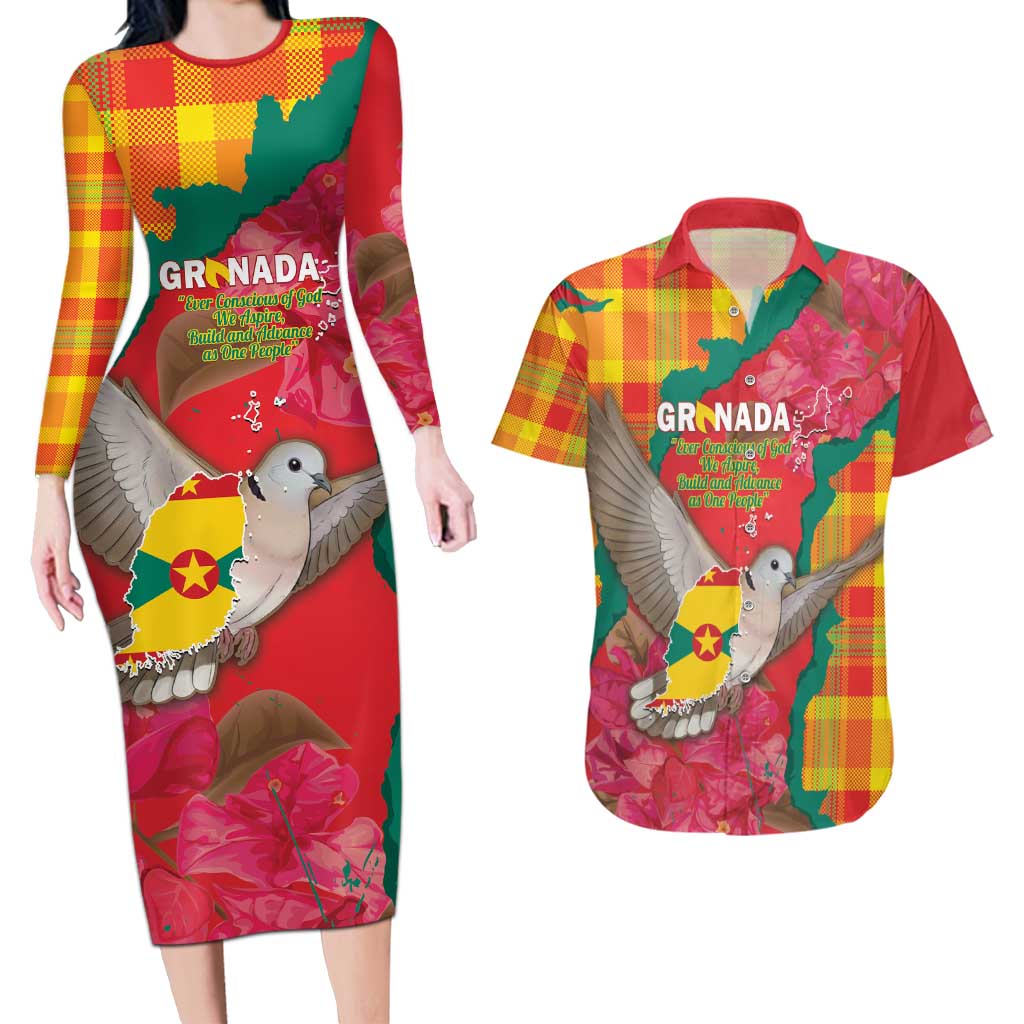 Grenada Independence Day Personalized Couples Matching Long Sleeve Bodycon Dress and Hawaiian Shirt Tropical Dove Bougainvillea Madras Pattern