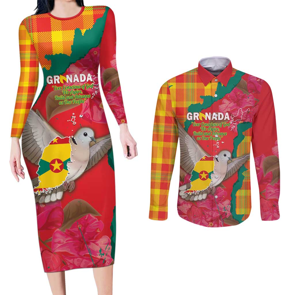 Grenada Independence Day Personalized Couples Matching Long Sleeve Bodycon Dress and Long Sleeve Button Shirt Tropical Dove Bougainvillea Madras Pattern