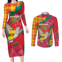 Grenada Independence Day Personalized Couples Matching Long Sleeve Bodycon Dress and Long Sleeve Button Shirt Tropical Dove Bougainvillea Madras Pattern