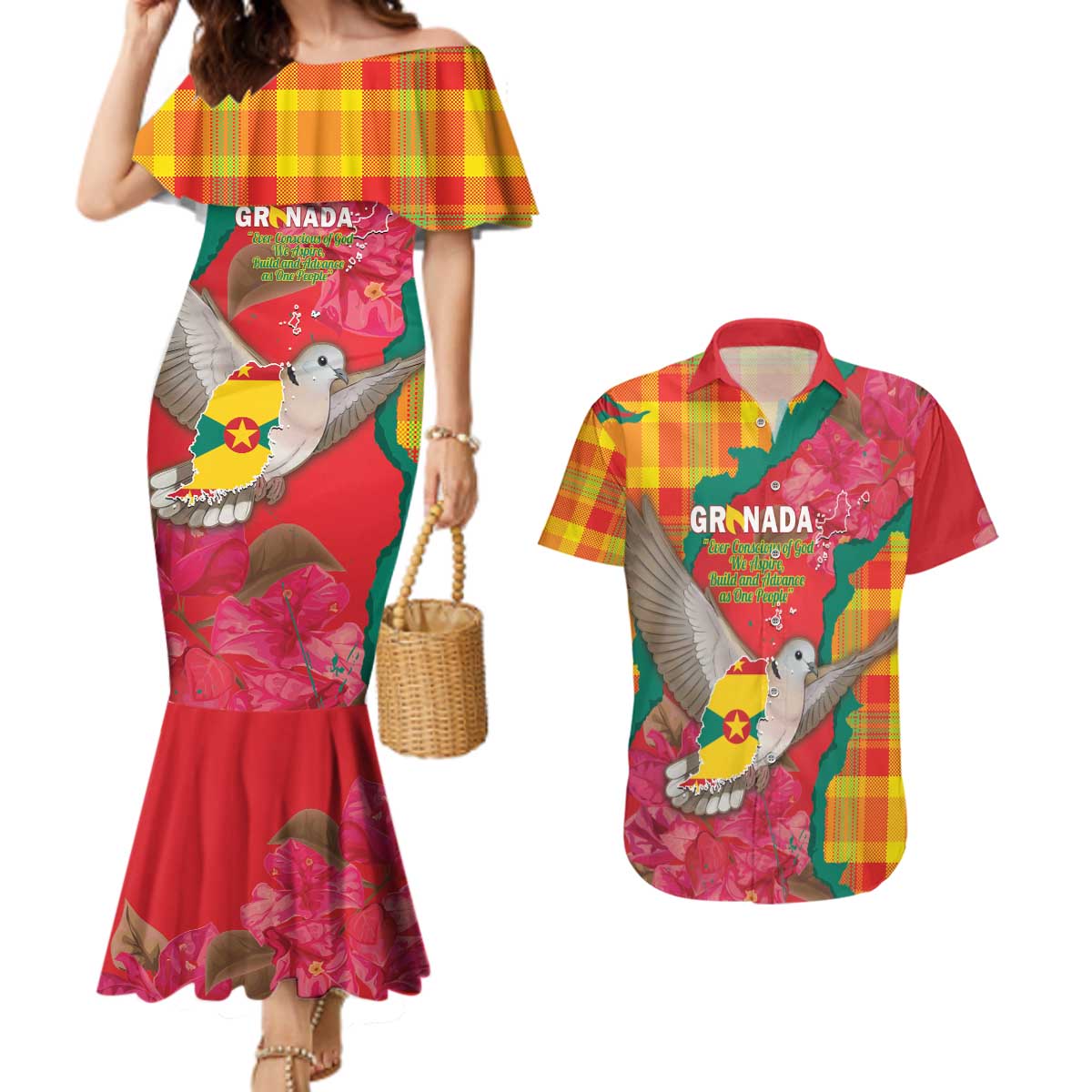 Grenada Independence Day Personalized Couples Matching Mermaid Dress and Hawaiian Shirt Tropical Dove Bougainvillea Madras Pattern