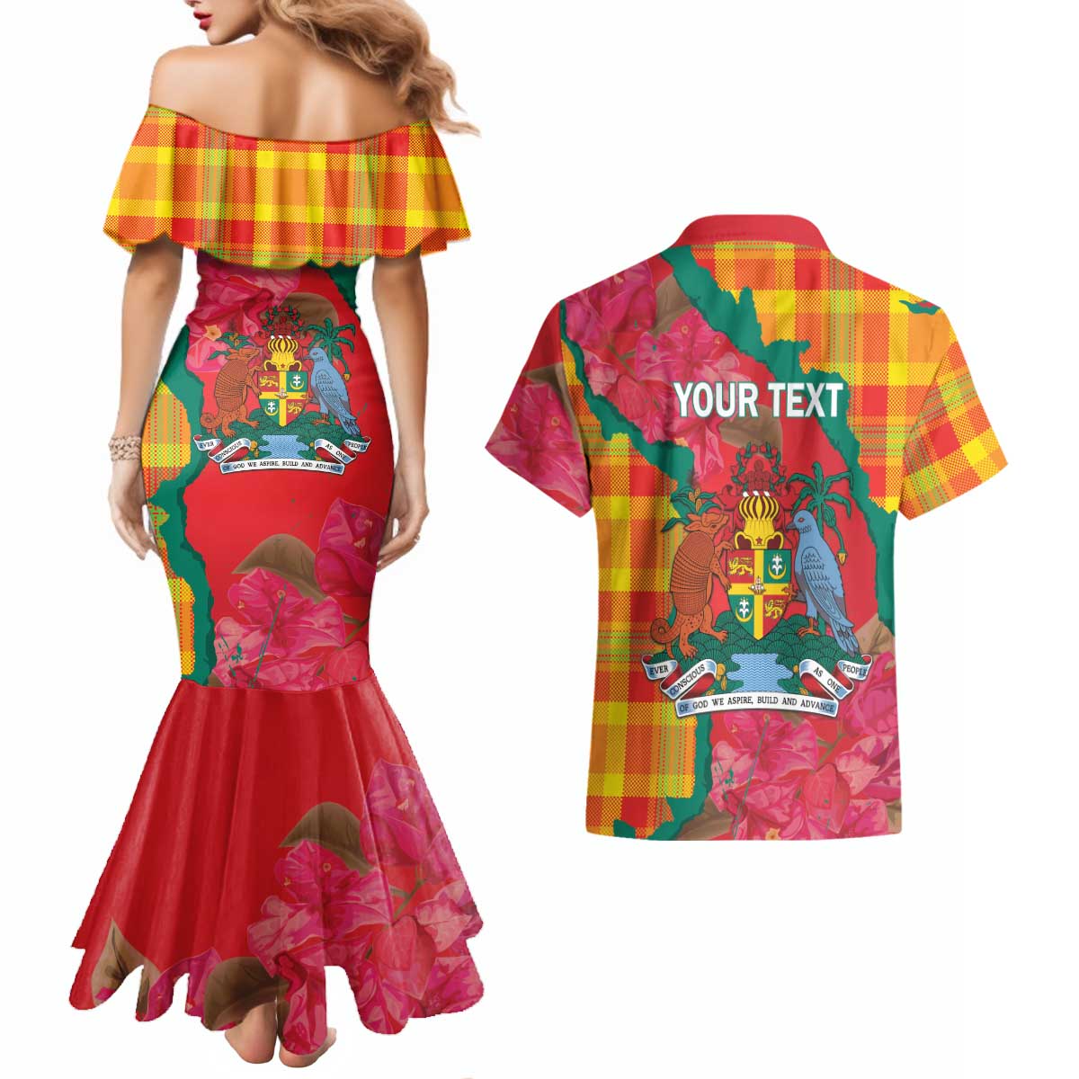 Grenada Independence Day Personalized Couples Matching Mermaid Dress and Hawaiian Shirt Tropical Dove Bougainvillea Madras Pattern