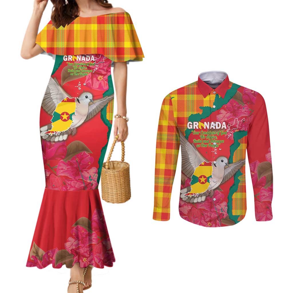 Grenada Independence Day Personalized Couples Matching Mermaid Dress and Long Sleeve Button Shirt Tropical Dove Bougainvillea Madras Pattern